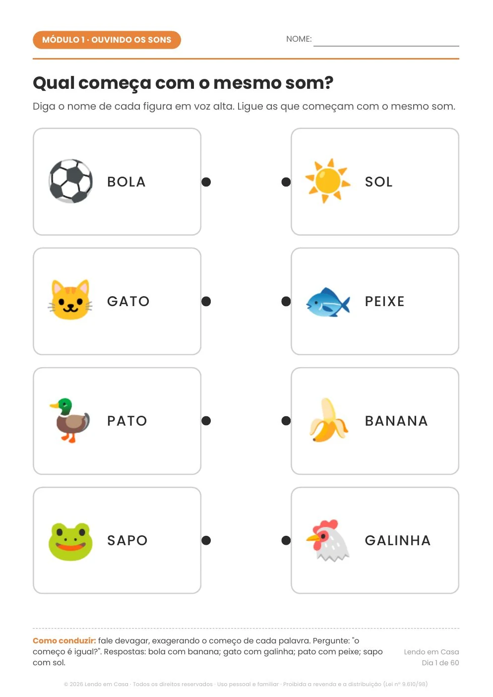 Página de atividade: Módulo 1 · ouvir o som do começo das palavras